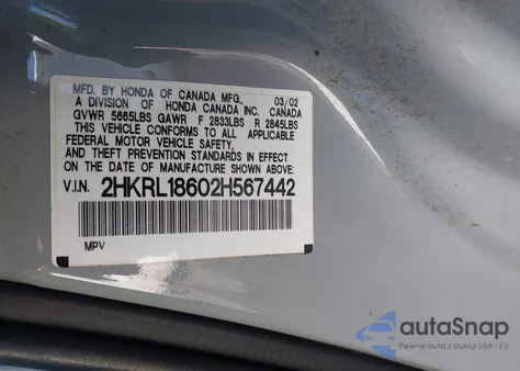 2002 Honda Odyssey Ex z USA, uszkodzony, nr VIN 2HKRL18602H567442